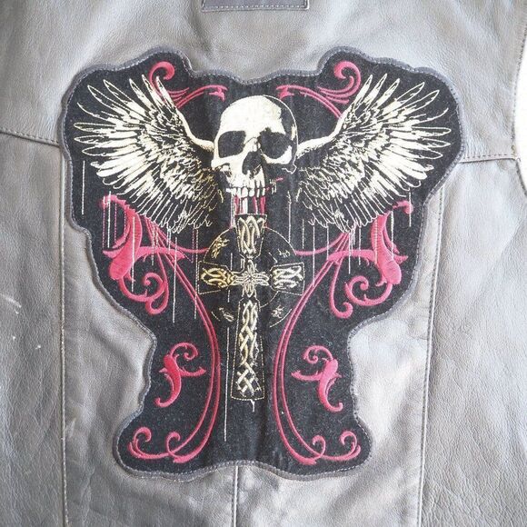 Jamin Leather Patch Pin Skull Cross Motorcycle Riding Vest Black Men's XXXL - Picture 12 of 13